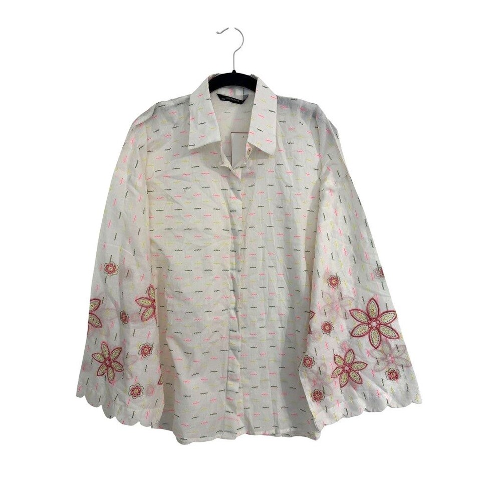BEECHTREE Women Sz 12 White Cotton Tunic Blouse Floral Embroidered Boho Cover-Up